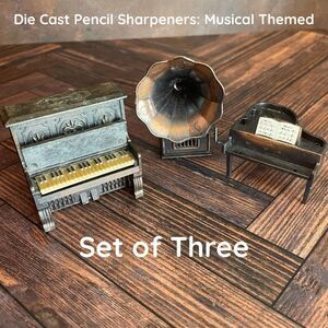 Three Vintage Die-Cast Pencil Sharpeners – 1970s – Upright Piano, Grand Piano